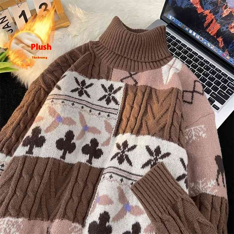 Fleece-lined Thickened Turtleneck Retro Art Design Sweater Warm