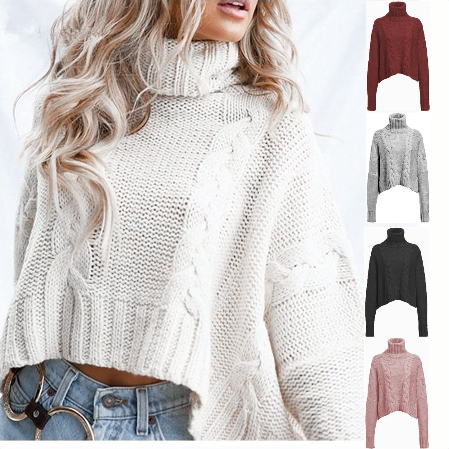 Winter New European And American AliExpress Amazon Sweater Cable-knit Turtleneck Short Sweater