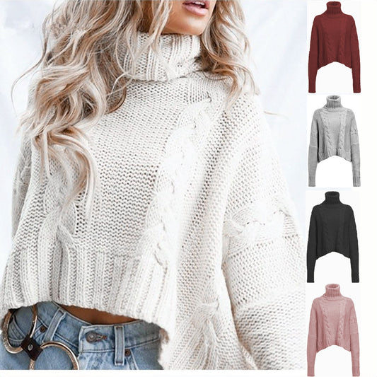 Winter New European And American AliExpress Amazon Sweater Cable-knit Turtleneck Short Sweater