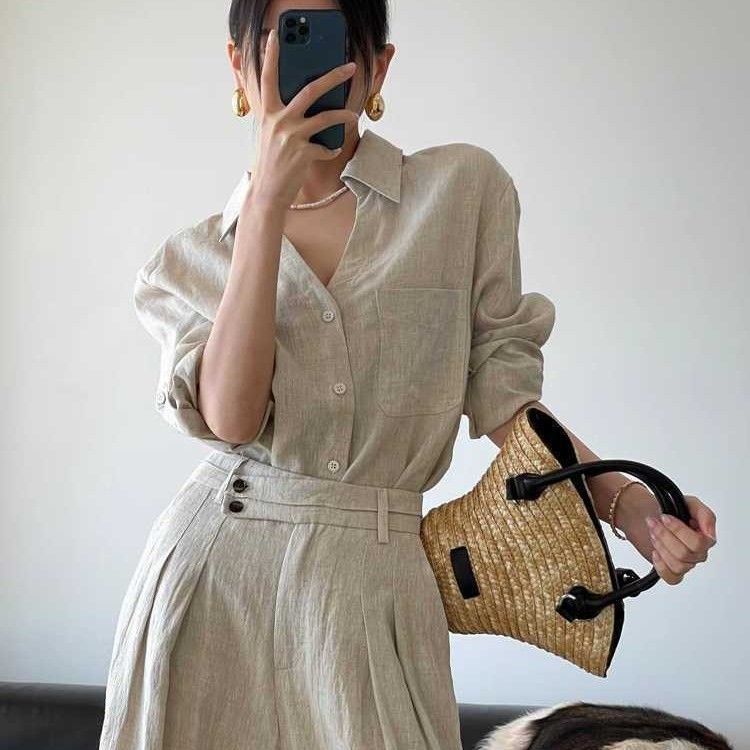 Breathable Shirt And Versatile Wide-Leg Pants Two-Piece Set For Women