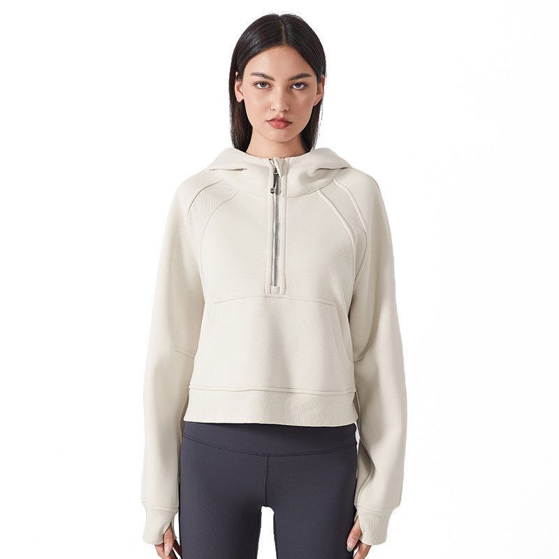 Fleece-lined Warm Yoga Clothes Half Zipper Hooded Sweater