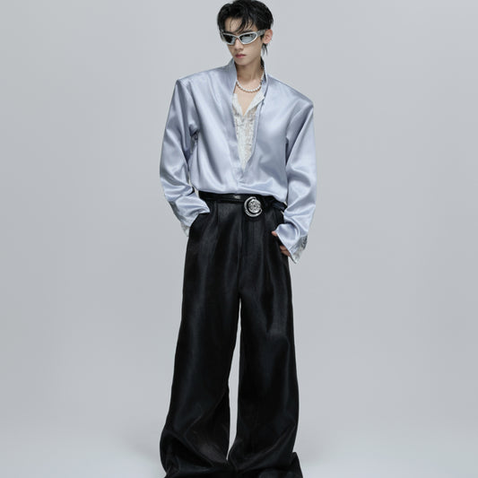 Loose-fitting Faux Two-piece V-neck Lace-panel Shirt