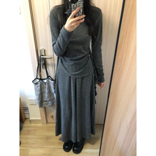 Lady's High-end Irregular Knit Top And Skirt Set