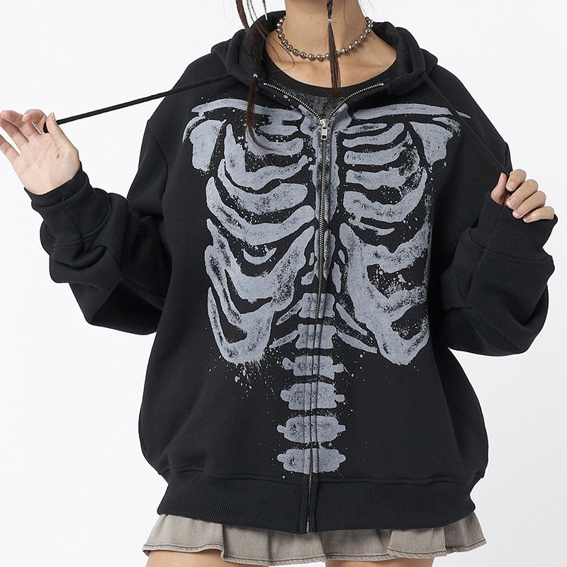 Skeleton Long Sleeve Round Neck Cardigan Printed Loose Sweatshirt