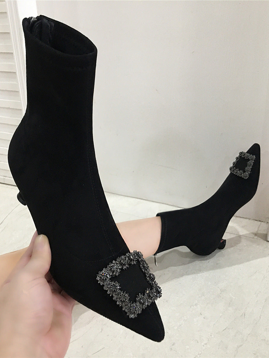 Rhine-drill Pointed High Heels Square Buckle Elastic Boots Large Size Ankle Boots Low Heel