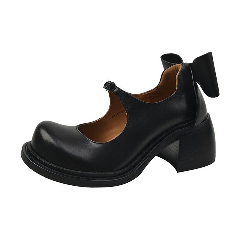 Black Japanese Jk Height Increasing Chunky Heel Leather Shoes For Women