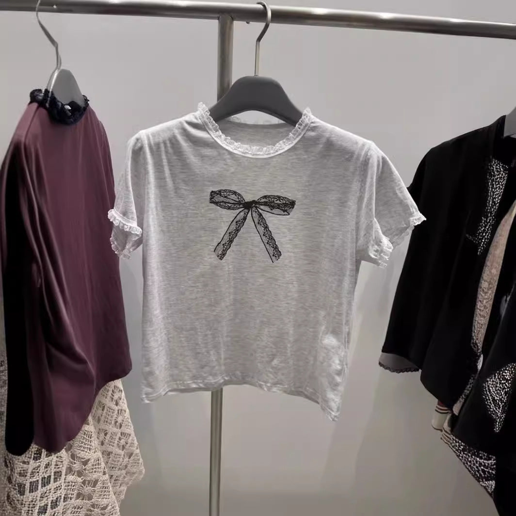 Lace Stitching Bow Printed Round Neck Short Sleeve