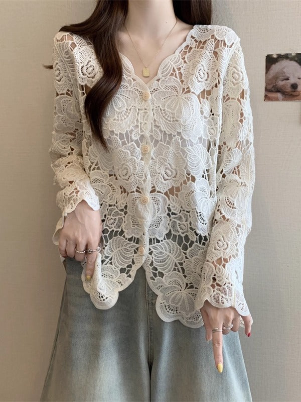 Women's Lace Embroidered Hollow Out Long Sleeve Top