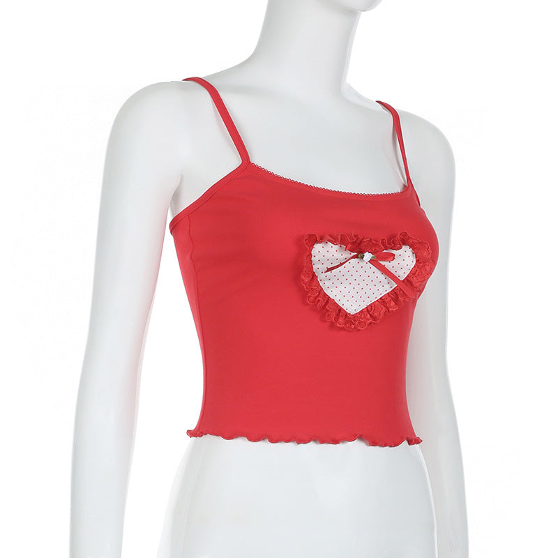 Sweet And Spicy Style Heart-shaped Lace Stitching Bow Polka Dot Design Sense Small Sling