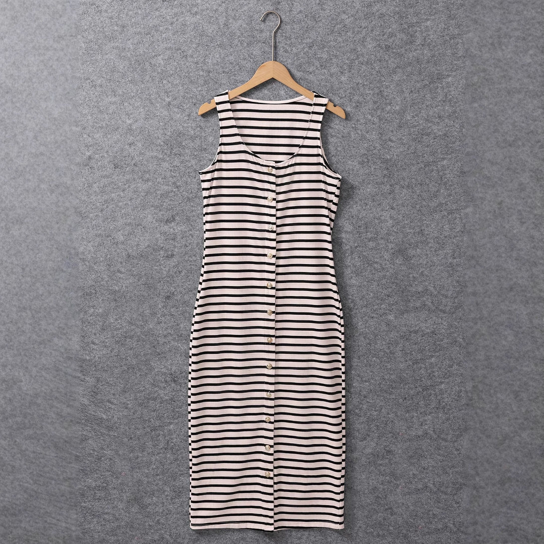 V-neck Sleeveless Single-breasted Colorblock Bodycon Cardigan Dress