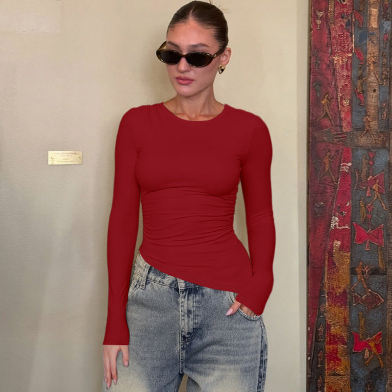 Dame Hot Girl Slim Fit Rund Hals Langærmet Skrå Top