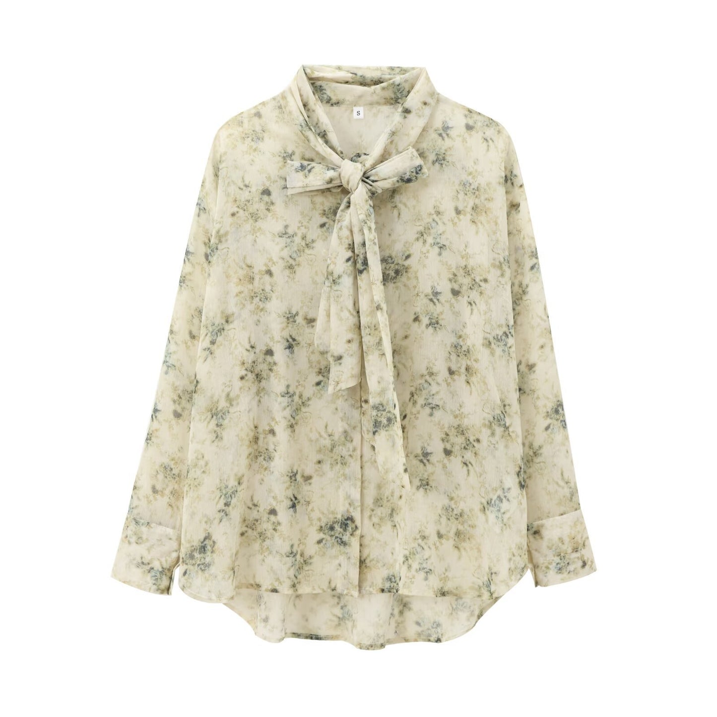European And American Women's Clothing French Floral Tie Bow Long-sleeved Shirt