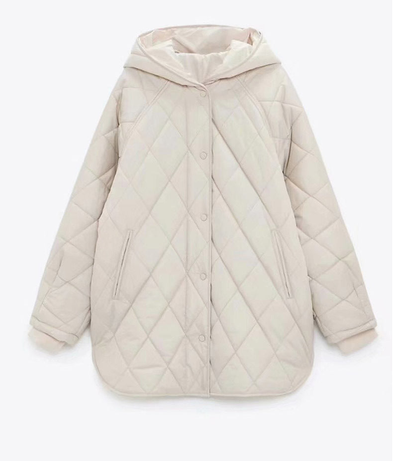 Mid-length Hooded Long-sleeved Single-breasted Loose Quilted Cotton Warm Cotton Jacket