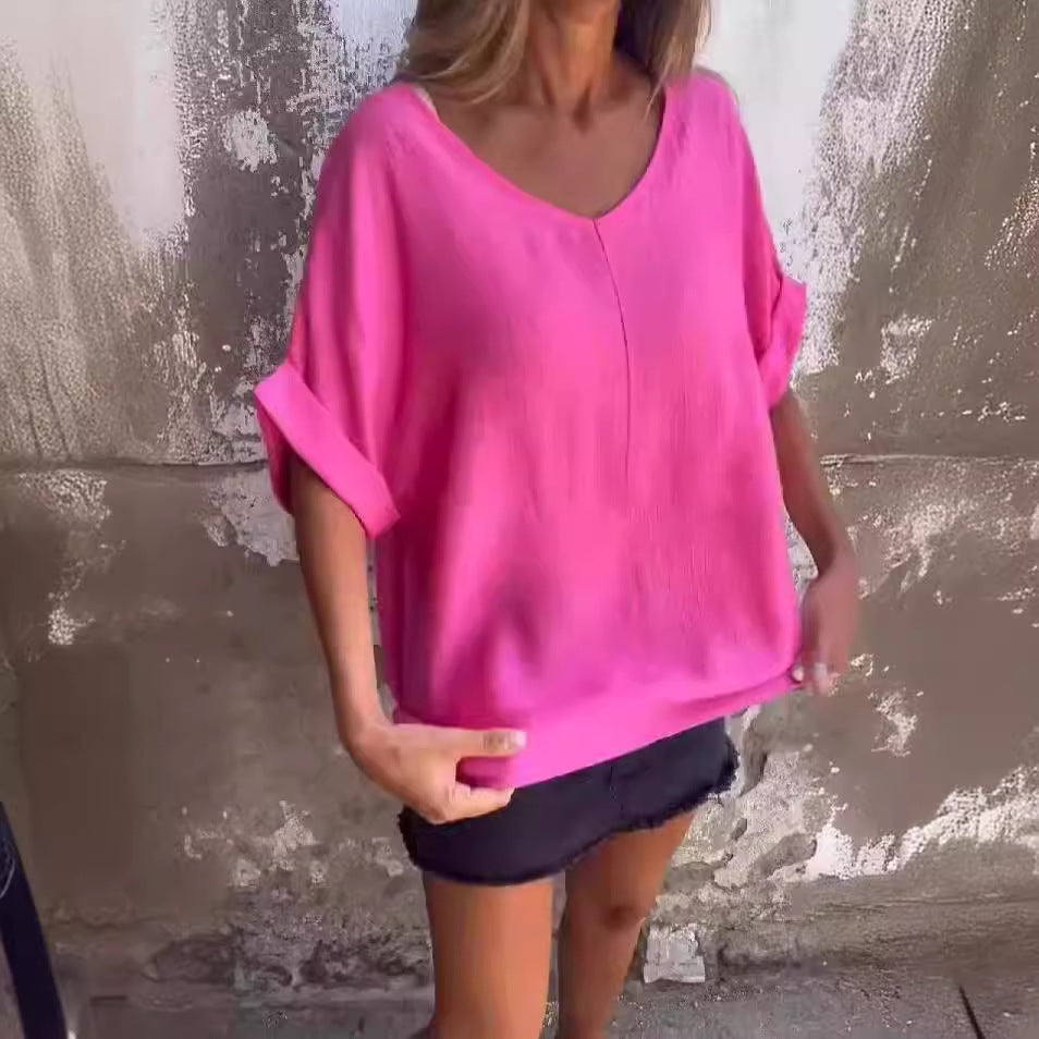 Women's Solid Color Versatile V-neck Loose Fitting Shirt
