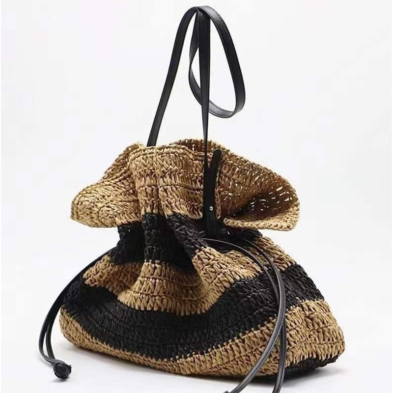 Women's Striped One Shoulder Braided Straw Bag
