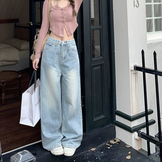 Lavtaljede lige jeans med retro vask og slidt look