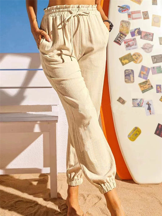 Europe And America Cross Border Hemp Cotton Lotus Leaf Ankle Banded Pants Elasticated Slacks Female