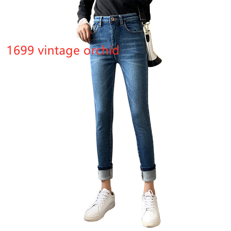 Women's Retro Blue Skinny Pants With Fleece Feet