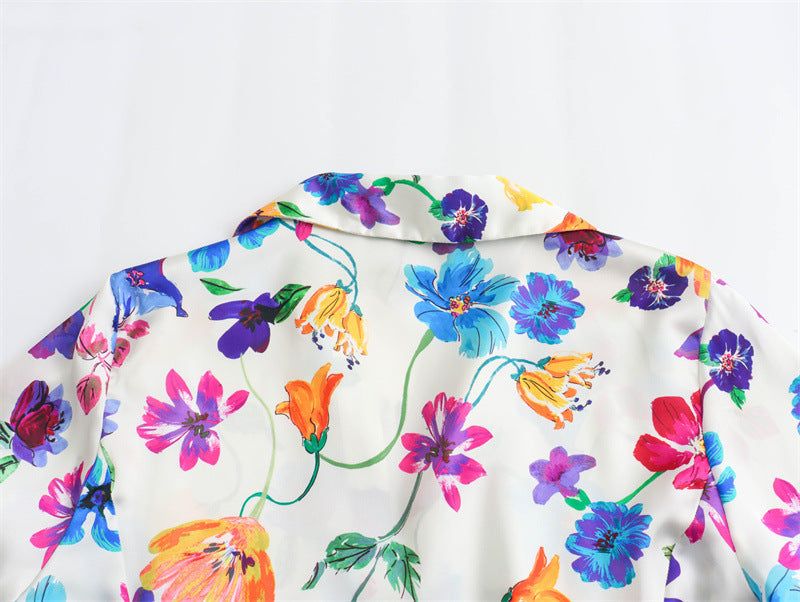 Women's French Fashion Floral Print Satin Shirt Women