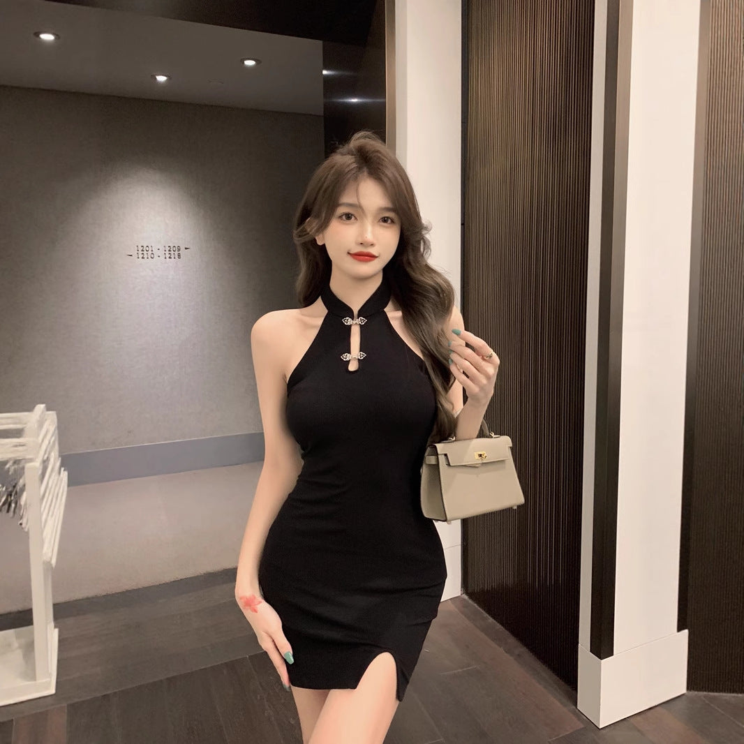 Womens Solid-Color Retro Off-the-Shoulder Slit Bodycon Skirt
