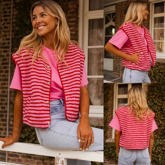Button Cardigan Striped Vest Coat