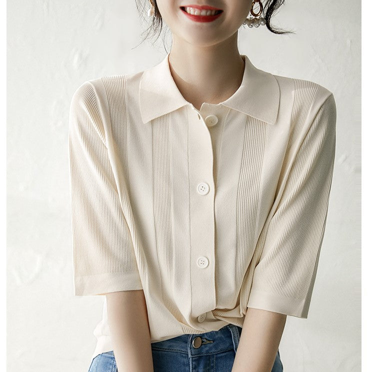 Lapel Mid Sleeve Commuter Knit Cardigan Air Conditioning Shirt