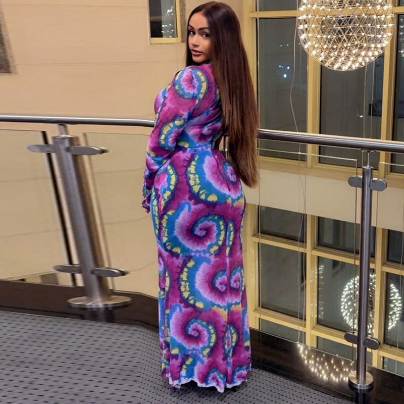 Color-block Printed Crew-neck Elegant Dress