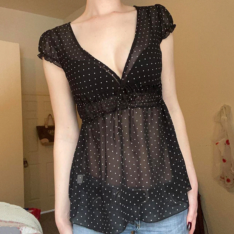 Womens Sheer Blouse With Polka-Dot Print And Ruched Waist Design