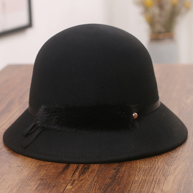 Hat Female Mink Fur Decoration Woolen Bowler Hat Korean All-match Warm Bucket Hat