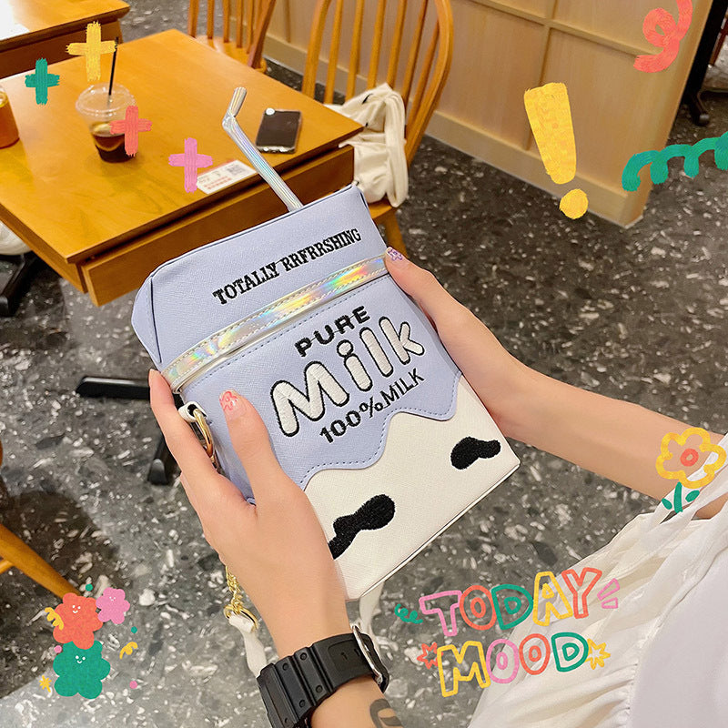 Funny Embroidery Milk Carton Laser Straw Crossbody Bag