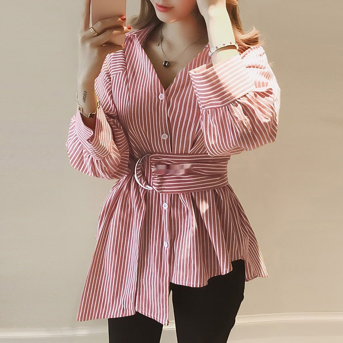 Design Sense Niche Metal Buckle Waist Striped Long Sleeve Shirt