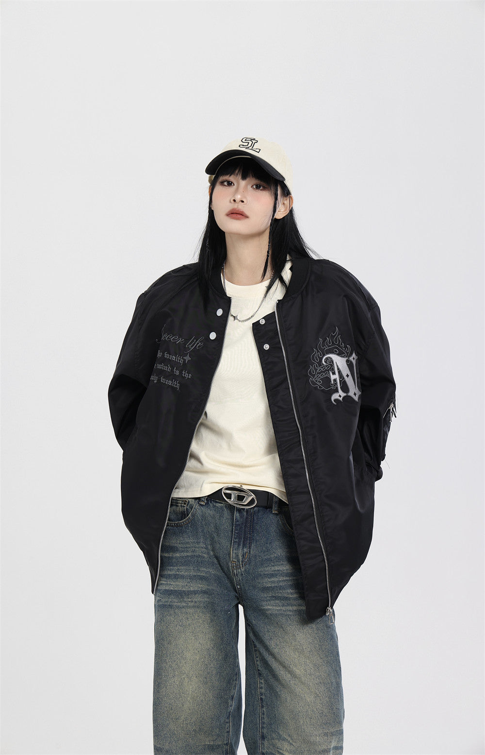 High Street Design Flame Embroidery Letters Baseball Uniform Jacket