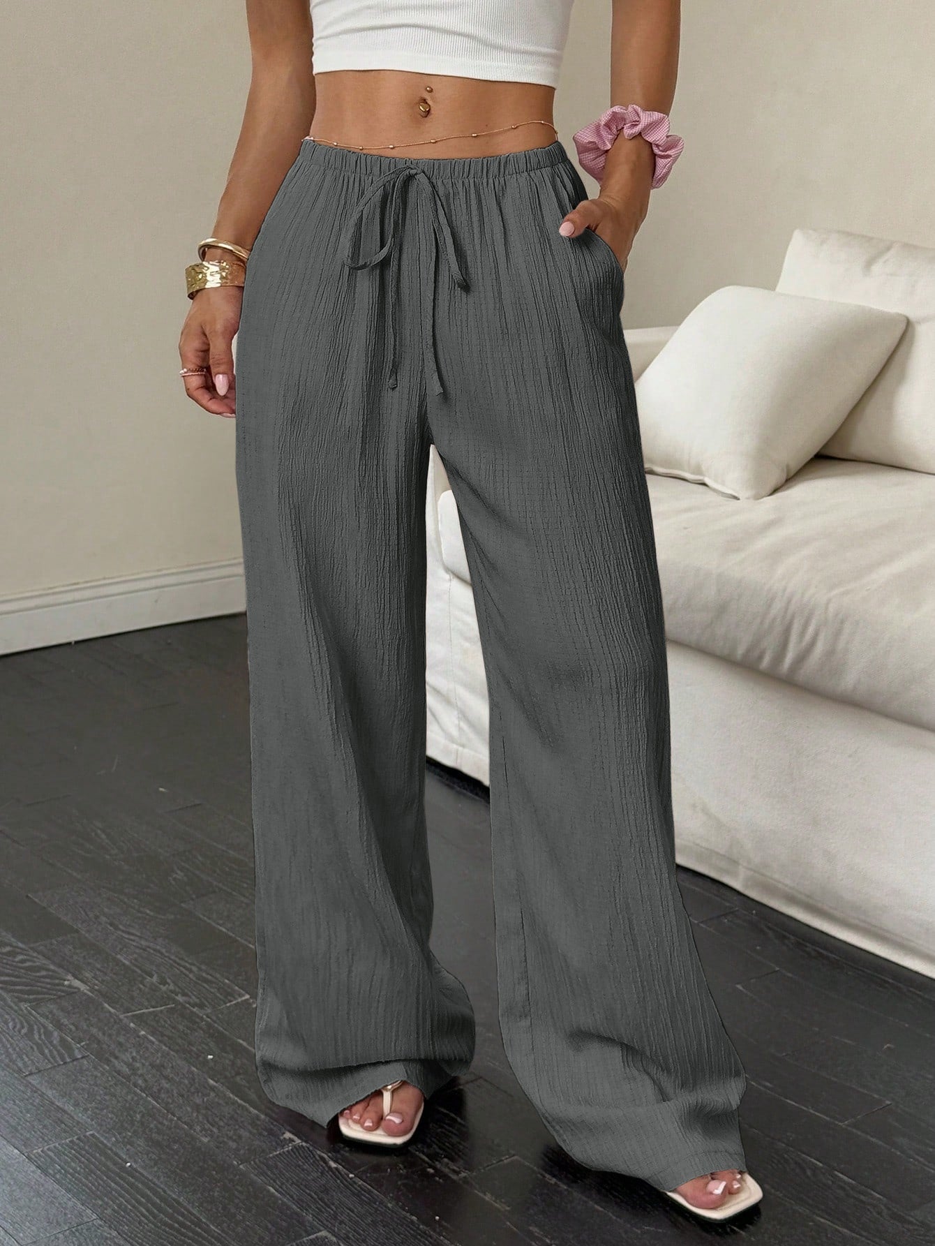Flirla Women's Casual Versatile Solid Color Wide Leg Pants