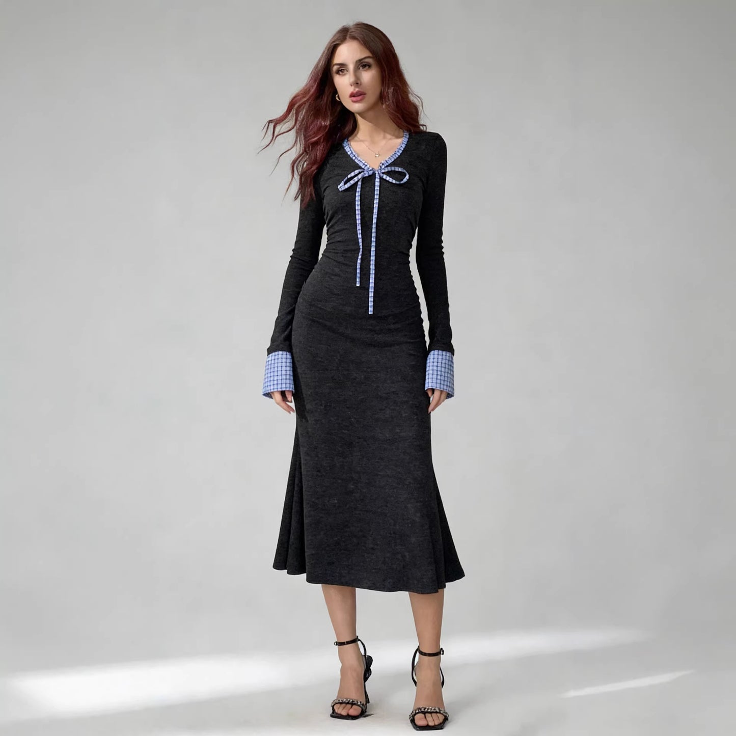 Gray Fitted-waist Sheath-style Long-sleeve Knit Womens Dress