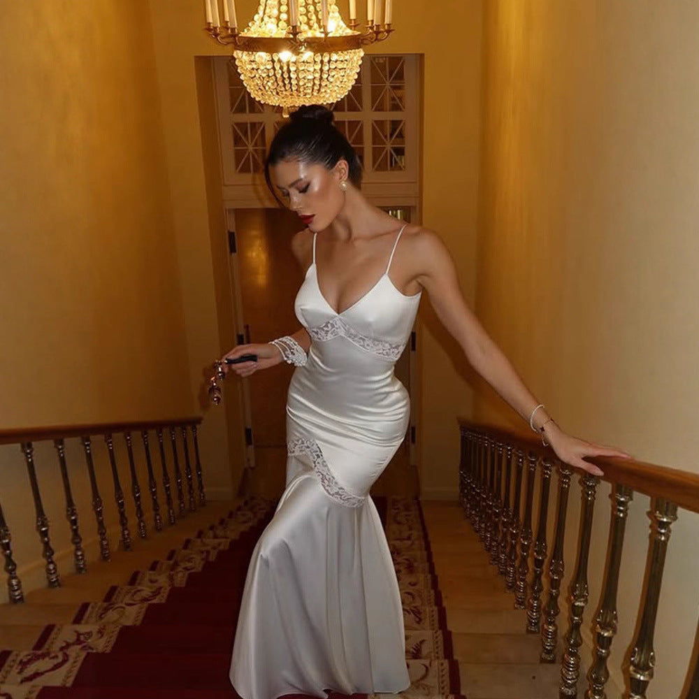 V-neck Slip Maxi Dress With Lace Paneling Evening Gown