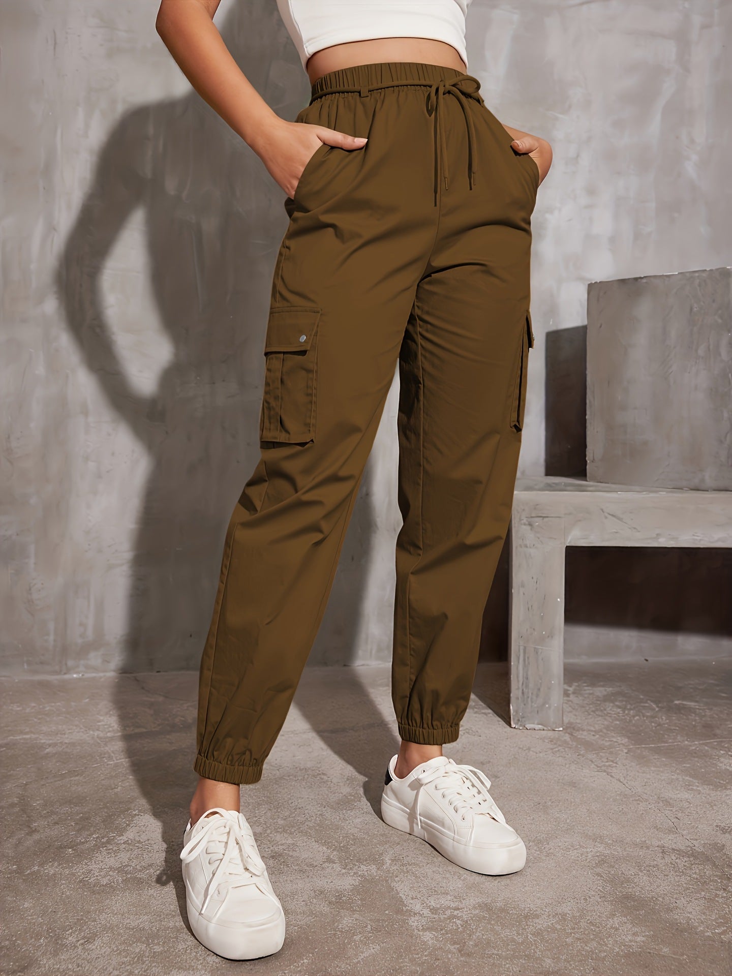 Polyester High Waist Wide Leg Sportsbukser med Ankelbindebånd