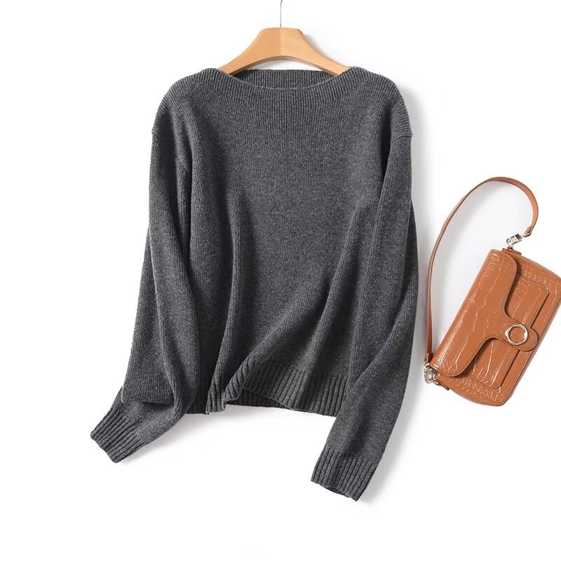 Gray Lazy Suit Round Neck Pullover Sweater Skirt