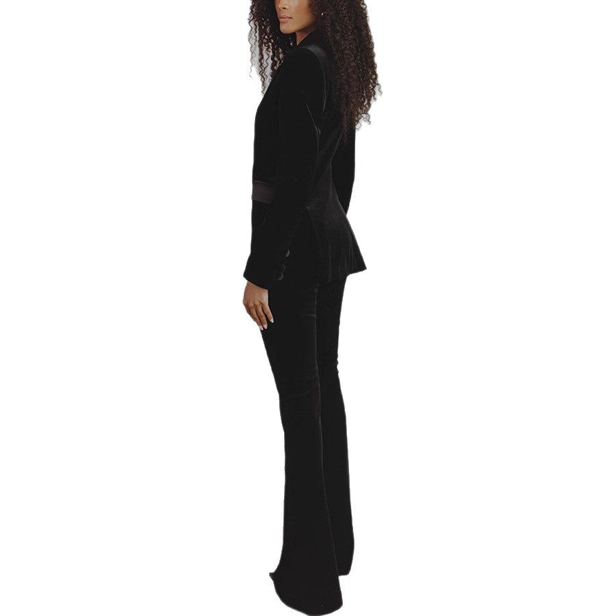 Womens Solid-Color Casual Long-Sleeve Blazer And Pants Set
