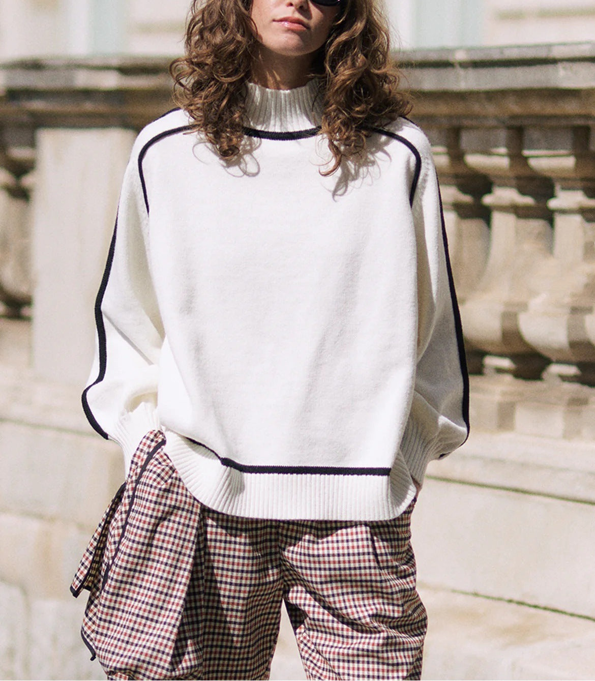 Maillard Autumn And Winter Striped Contrast Color Top For Women