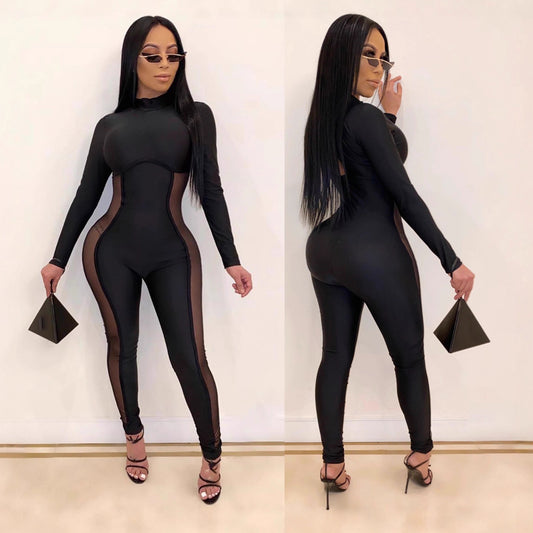Mesh-panel Long-sleeve Long-leg Jumpsuit Sexy And Stylish