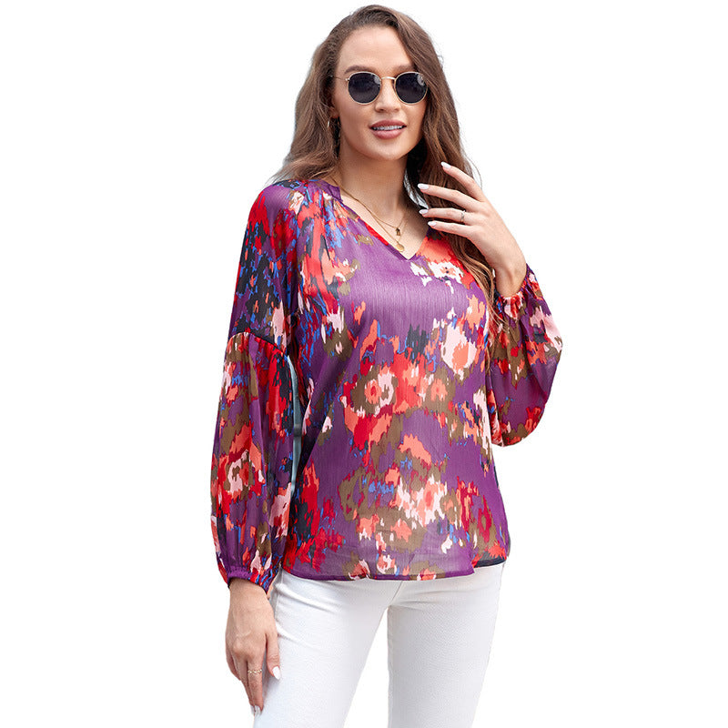 Dames Floral Chiffon Skjorte Løs V-hals Casual Top