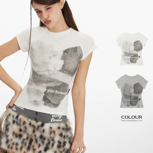 American Raglan Sleeve Bear Printed Slim-fit Short Sleeve