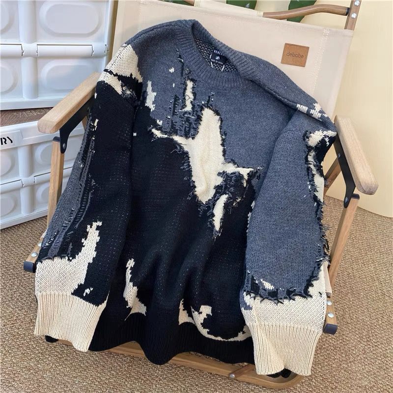 Men's Crochet Ripped Crew Neck Sweater