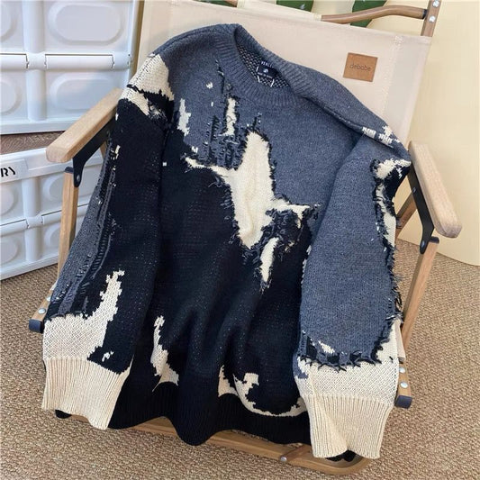 Men's Crochet Ripped Crew Neck Sweater