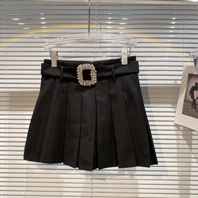 Square Rhinestone Waistband Design Anti Glare Pleated Skirt
