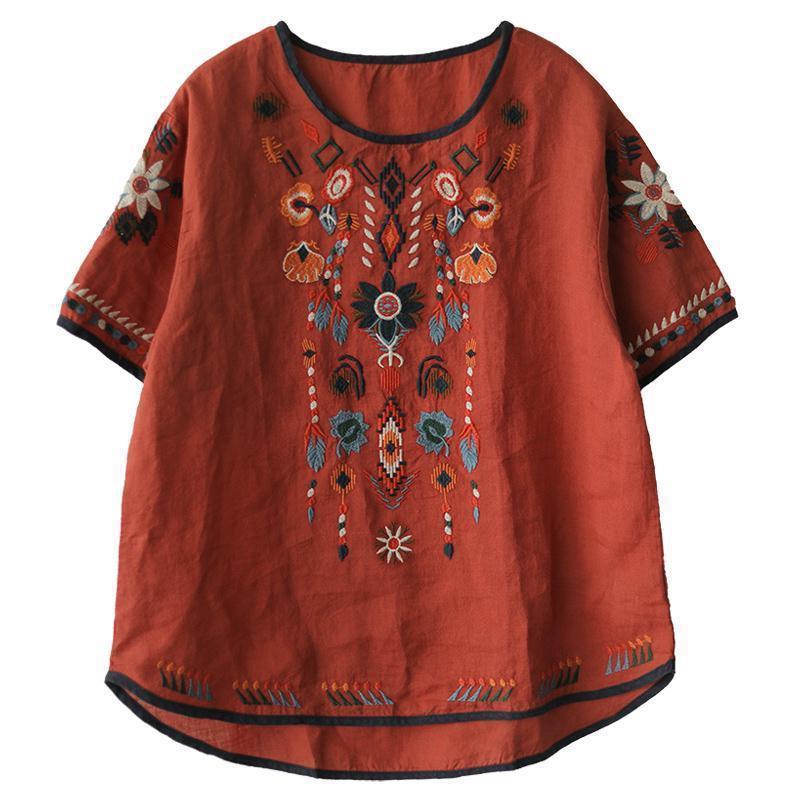 Cotton And Linen Embroidered T-shirt Artistic Loose Pullover Top