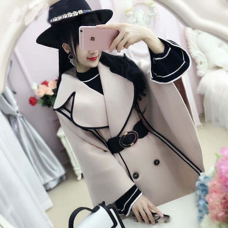 Beige Black Side Bat-shaped Cloak Cloak Top Woolen Coat Female Autumn Bat Sleeves