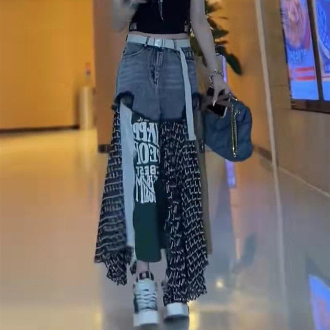 Women's High Waist Washed Denim Splicing Fashion Print Casual Skirt
