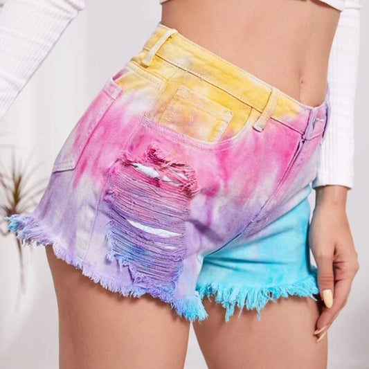 Ripped Dyed High-Waisted High-Stretch Womens Denim Shorts