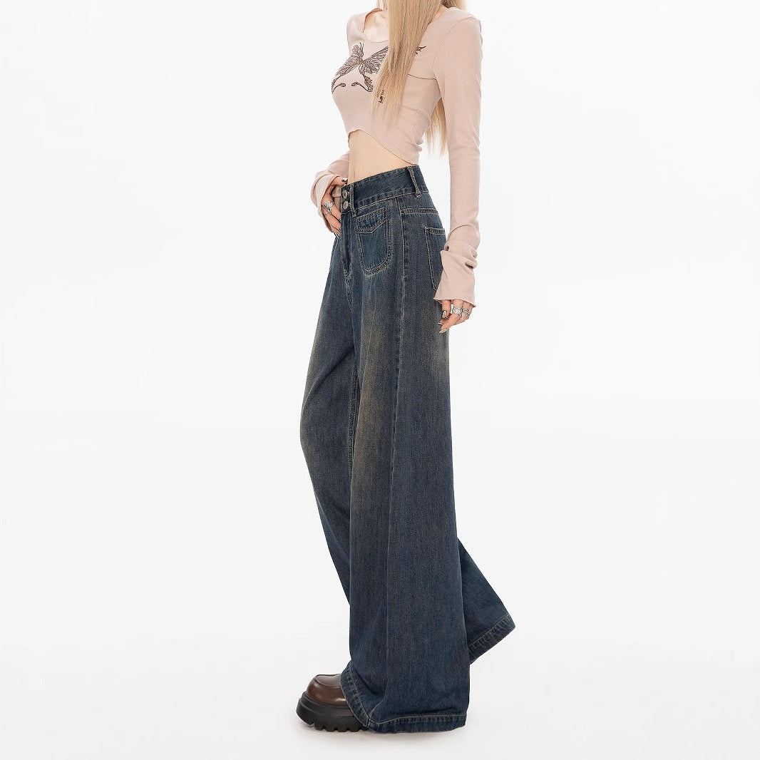 Loose And Lazy Style Women's High-waisted Straight Wide-leg Fleece-lined Jeans